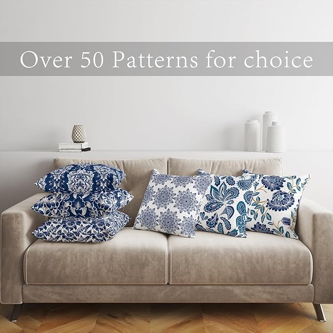 LOVOUS Navy Blue and White Damask Throw Pillow Covers 18x18 Inch Set of 2, Vintage Linen Decorative Pillow Covers for Bed Couch Sofa Bedroom Living Room Home Decor, B37