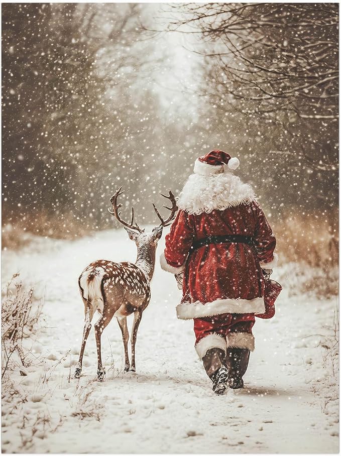 Santa Claus Reindeer Wall Art Print,Forest Snowfall in Winter Print,Christmas Home Decor,Deer Christmas Print