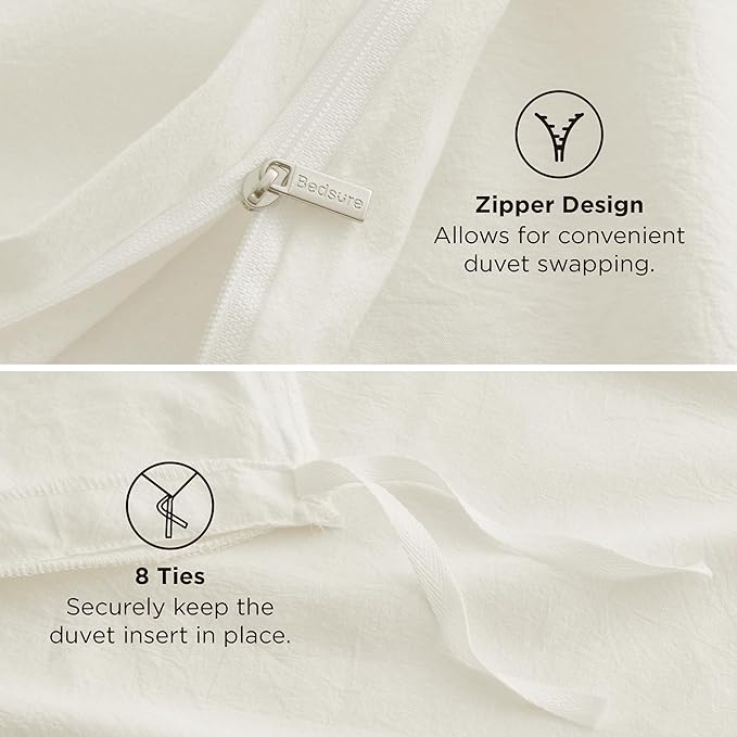 Bedsure 100% Washed Cotton Duvet Cover Queen Size - Ivory Minimalist Cotton Duvet Cover Linen Like for All Seasons - GentleSoft™ Plain Simple Bedding, 3 Pieces (Ivory, Queen, 90"x90")