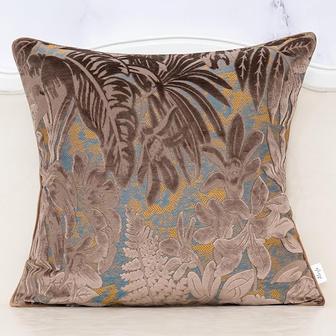 Alerfa Brown Throw Pillow Cover 18x18 Inch, Square Cut Velvet Maple Leaf Embroidery Luxury Farmhosue Accent Decorative Pillow Cover for Couch Living Room Bedroom
