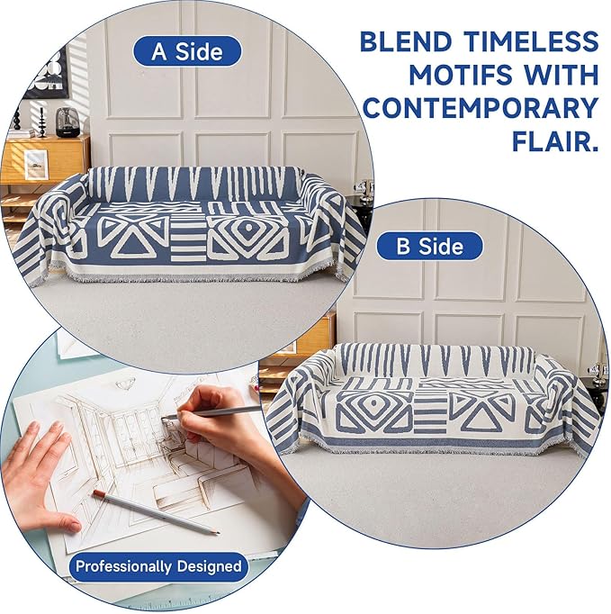 VClife Boho Couch Cover Soft Chenille Couch Covers for 2 Cushion Couch Sofa Washable, 1 PC Bohemian White and Blue Geometric Jacquard Sofa Covers Multi-Functional Furniture Protector 71"X118"
