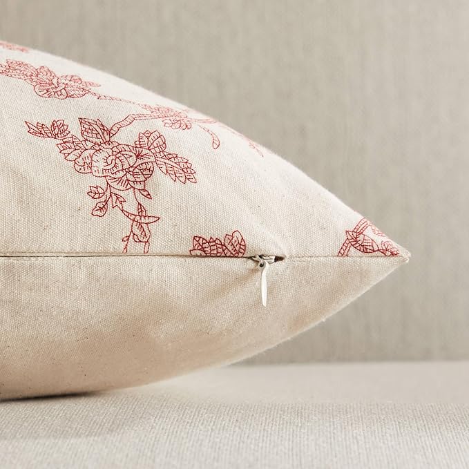100% Cotton French Pastoral Throw Pillow Covers Set of 2, 18x18 Inch Red Farmhouse Decorative Cushion Covers for Sofa Bed Living Room Home Decor