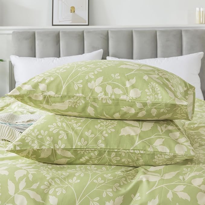 HoneiLife Wildflower Duvet Cover Queen - 100% Cotton Comforter Cover Sets, 3-PC Comfortable Floral Duvet Cover Sets, Soft & Breathable Duvet Cover with Zipper Closure & Corner Ties, Vibrant Green