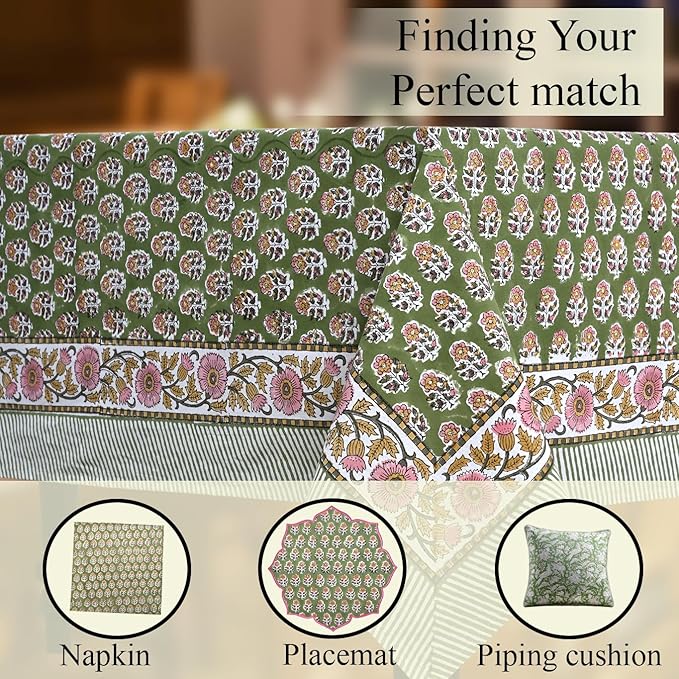 CPC Tablecloth 100% Cotton 60x60 Inch Indian Block Print Easter Square Table Cover, Table Cloth for Weddings, Parties- Jade Green 4-Seater