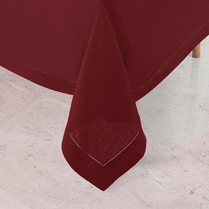 D'Moksha Homes Dark Red Linen Tablecloth 60 x 120 Inch - 100% Pure Linen Hemstitch Tablecloth for Rectangle Tables - Classic Hemstitch, Machine Washable Table Cloth for Thanksgiving, Christmas