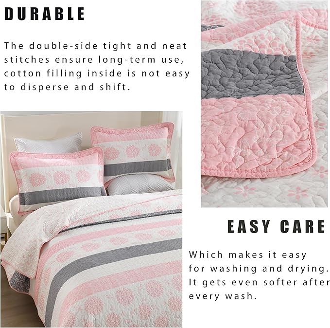 Homzard Floral Comforter King Size,Cotton King Size Quilt Sets,Pink White Grey Comforter Set,Farmhouse Striped Bedding Set,Lightweight Reversible 3 Piece Bedspread,All Season