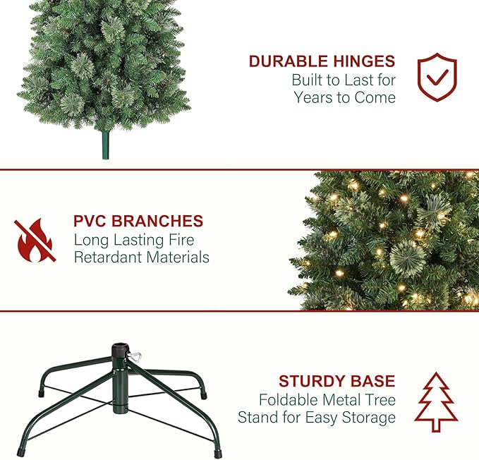 Hykolity 7.5ft Artificial Pre-lit Pencil Christmas Tree, Slim Christmas Tree with 300 Warm White LED Lights, 792 PVC Tips, Foldable Metal Stand and Hinged Branches