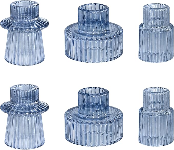 WELLIFE Blue Glass Candle Holder, 6 Pcs Tapered Candlestick Holders, Blue Glass Candlestick Holder for Table Centerpieces, Wedding Decor & Dinner Party