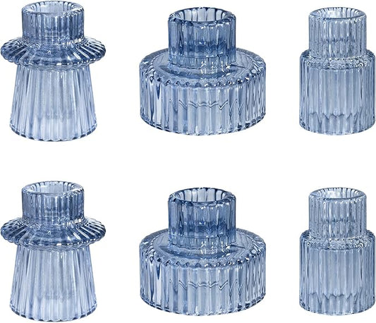 WELLIFE Blue Glass Candle Holder, 6 Pcs Tapered Candlestick Holders, Blue Glass Candlestick Holder for Table Centerpieces, Wedding Decor & Dinner Party