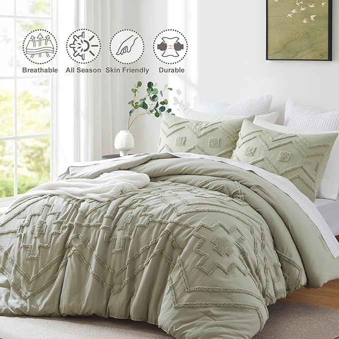 Oli Anderson Boho Tufted Comforter Set King Size, 3 Pcs Soft Jacquard Bedding Set for All Seasons, Shabby Chic Farmhouse Bedding Set with Comforters for All Seasons (Mist Sage, King)