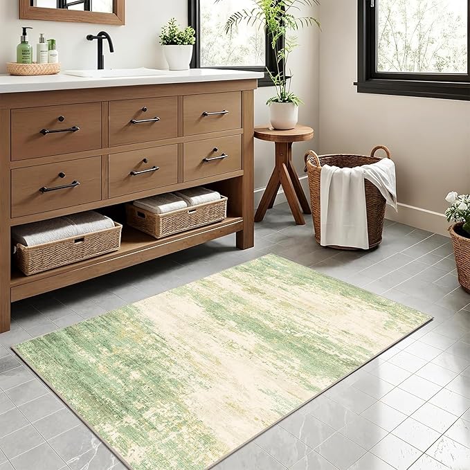 2x3 Modern Abstract Rug Washable Area Rugs for Living Room Bedroom Dining Room Non-Slip Low Pile Neutral Large Rug Soft Indoor Floor Carpet, Green
