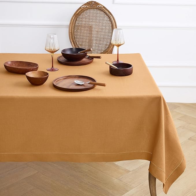 Solino Home Square Linen Tablecloth 52 x 52 Inch - 100% Pure Linen Brown Sugar Table Throw - Classic Hemstitch, Machine Washable Table Cloth for Fall, Autumn, Thanksgiving