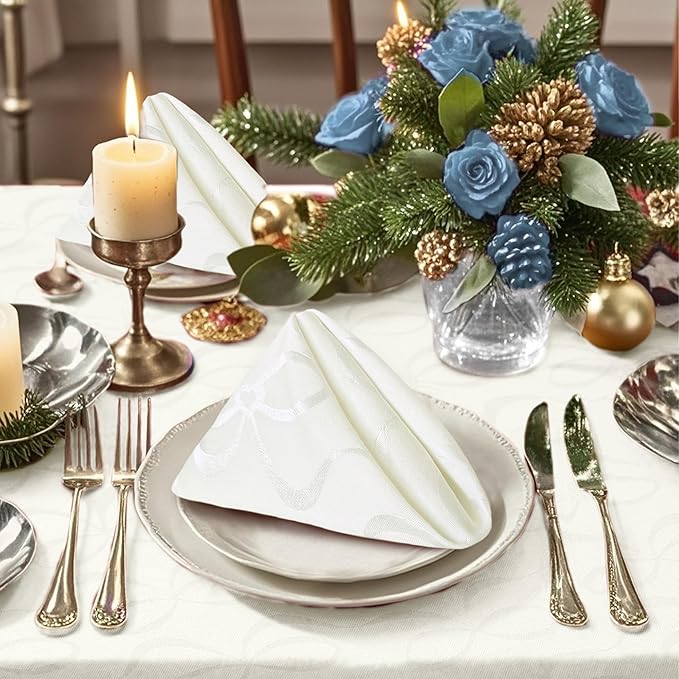 Off White Cloth Napkins Set of 12, 18"x18" - Cotton & Polyester, Wrinkle/Fade Resistant, Washable & Reusable - Wedding Napkins for Reception, Jacquard Napkin for Engagement Party, Bows Design