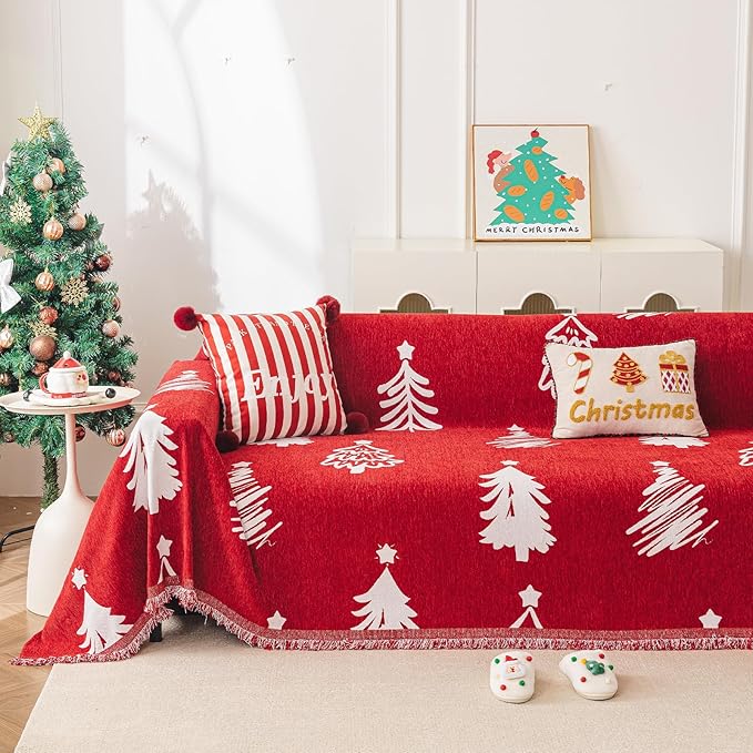 hyha Couch Cover for Dogs, Boho Sofa Covers for 3 Cushion Couch Washable, Chenille Sofa Slipcover for Pets, Soft Loveseat Sectional Couch Throw Blankets with Tassels (Red Christmas Tree, 71x118 Inch)