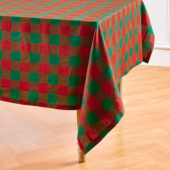 Solino Home Linen Checkered Tablecloth 60 x 108 Inch - 100% Pure Linen Red and Green Buffalo Plaid Table Cloth for Rectangle Tables - Machine Washable Tablecloth for Christmas, Holiday, Winter