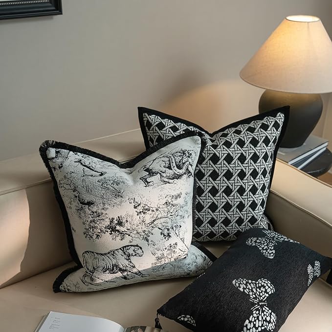 New 20x20'' inches Throw Pillow Cushion Covers - Black Jungle Tiger with Edge Strip Chenille Jacquard Embroidery Luxury Modern Style Couch Sofa Bed Pillow Cover for Living Room Bedroom