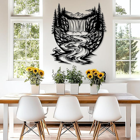 OZF Mountain Waterfall Forest Metal Wall Art, Rustic Wilderness Landscape Metal Wall Decor, Modern Nature Hanging Decor for Living Room Office, Cabin Themed Home Sculpture (Black, 28 x 28 in | 70 x 70cm)