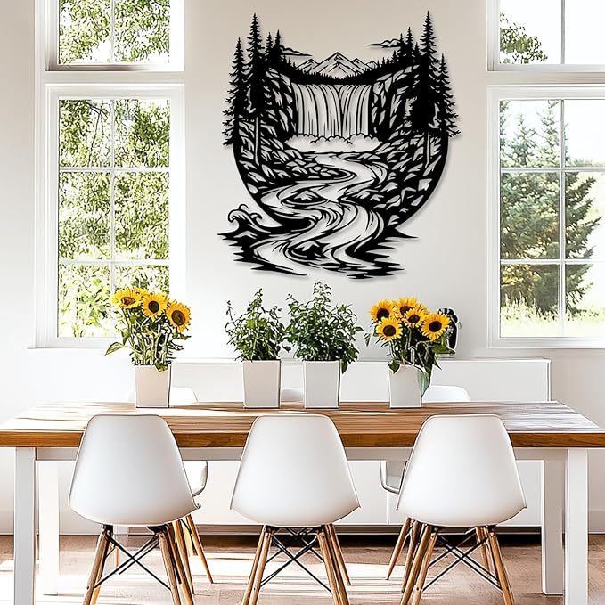 OZF Mountain Waterfall Forest Metal Wall Art, Rustic Wilderness Landscape Metal Wall Decor, Modern Nature Hanging Decor for Living Room Office, Cabin Themed Home Sculpture (White, 47 x 47 in | 120 x 120cm)