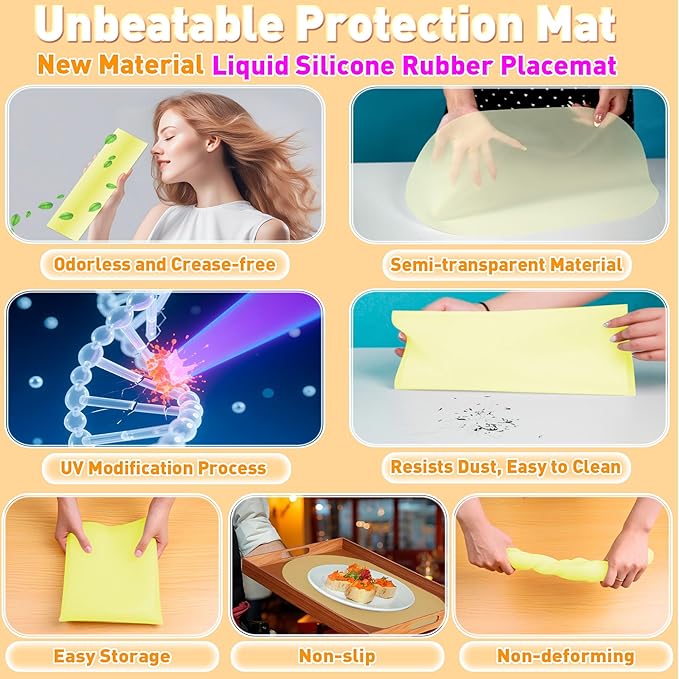 Oval Silicone Placemat Set of 4,Heat Resistant Placemats, Silicone Table Mats,Non-Slip Dining Mat for Home,Waterproof Easy Clean Kids Placemats,17"x12" LSR Translucent (4Pcs, Yellow)