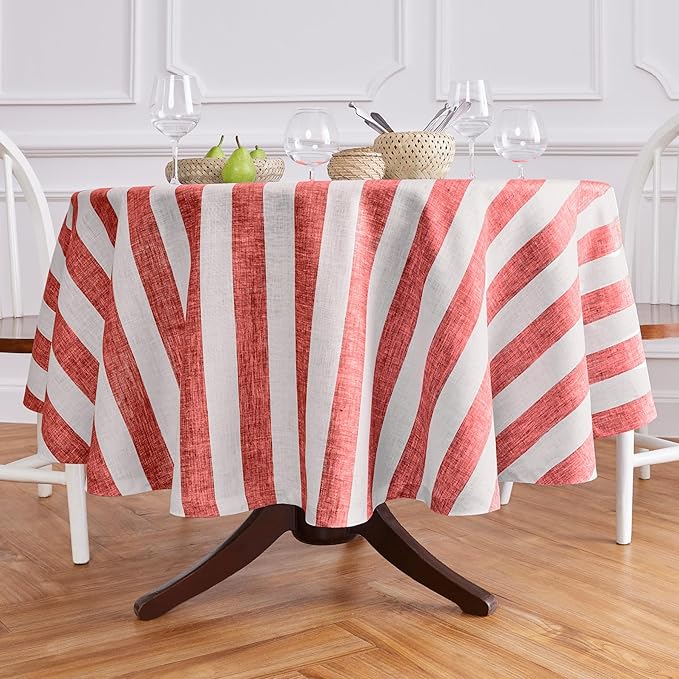Solino Home Linen 60 Inch Round Tablecloth - Cabana Stripe, 100% Pure Linen Red and White Round Tablecloth - Machine Washable Table Cloth for Christmas