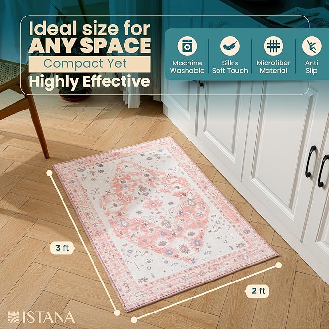 Istana 2x3 Area Rug - Pink Boho Rugs for Living Room 2x3 - Foldable Small Rugs for Bedroom - Stain Resistant Washable Rug Non Slip - Eco-Friendly Area Rugs Indoor