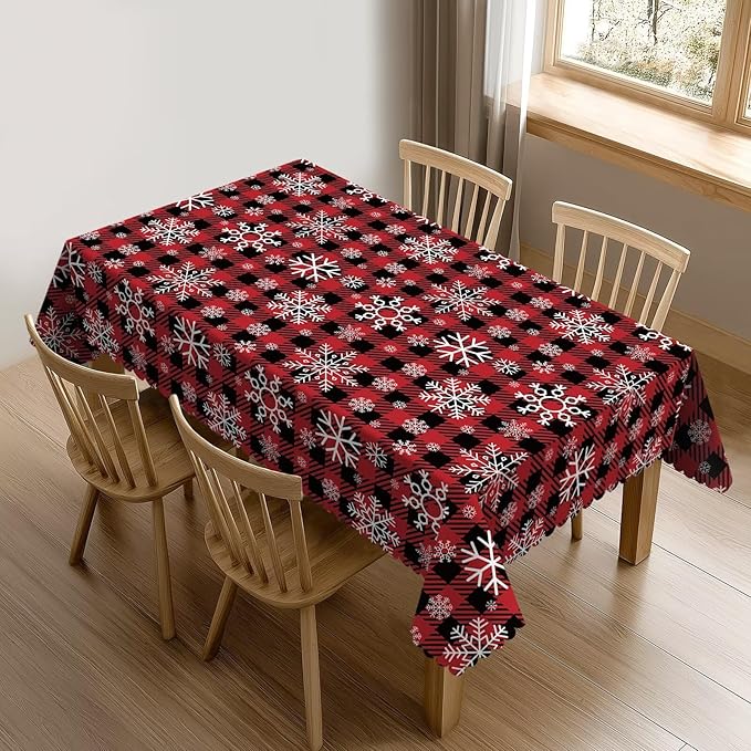 Christmas Plaid Table Cloth for Dining Tables,Reusable Red and Black Buffalo Plaid Snowflake Tablecloths Xmas Decoration Rectangle Table Cover for Winter Holiday,Kitchen,Party,54x72In