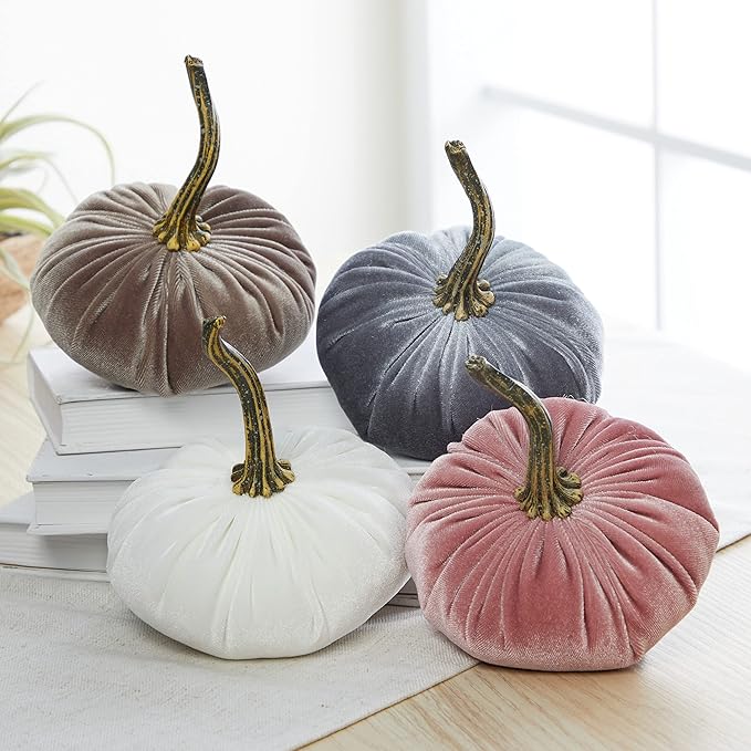 Your Heart's Content Set of 4 Velvet Pumpkin, Pastel Fall Accent, Thanksgiving Centerpiece, Tiered Tray Kitchen Décor, Thoughtful Gift (Sm Gray Taupe Ivory Blush)