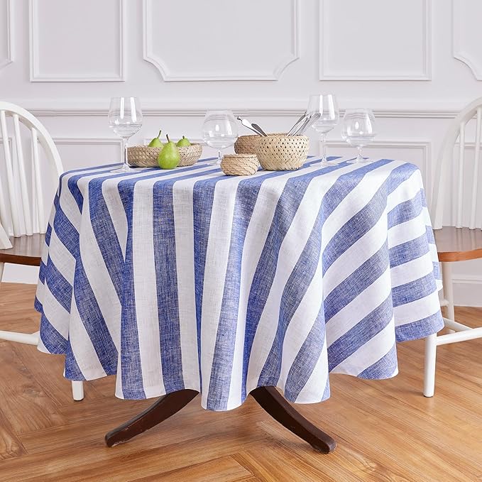 Solino Home Linen 60 Inch Round Tablecloth - Cabana Stripe, 100% Pure Linen Navy and White Round Tablecloth - Machine Washable Table Cloth for Fall, Autumn, Thanksgiving, Winter
