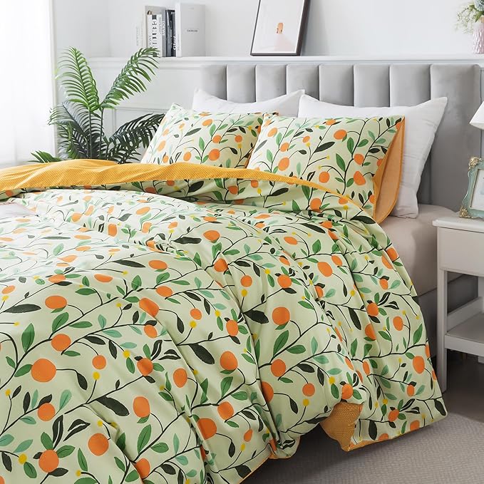 HoneiLife Duvet Cover Queen Size - Cotton Comforter Cover Floral Duvet Cover Sets 3-PC, Wildflower Duvet Cover with Zipper Closure & Corner Ties, Botanical Comforter Cover Sets, Fruit