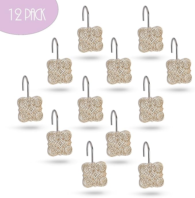 Creative Scents Shower Curtain Hooks Set of 12 Shower Set Rings 100% Rust Free -for Bathroom Shower Curtain Rod Victoria Collection (Beige)