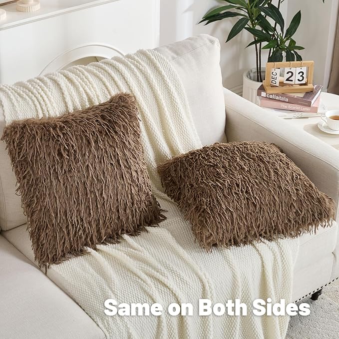 FUTEI Brown Decorative Throw Pillow Covers 22x22 Inch Set of 2,Soft Fluffy Faux Feather Texture Cushion Cases,Modern Home Luxury Decor for Couch Bed Living Room