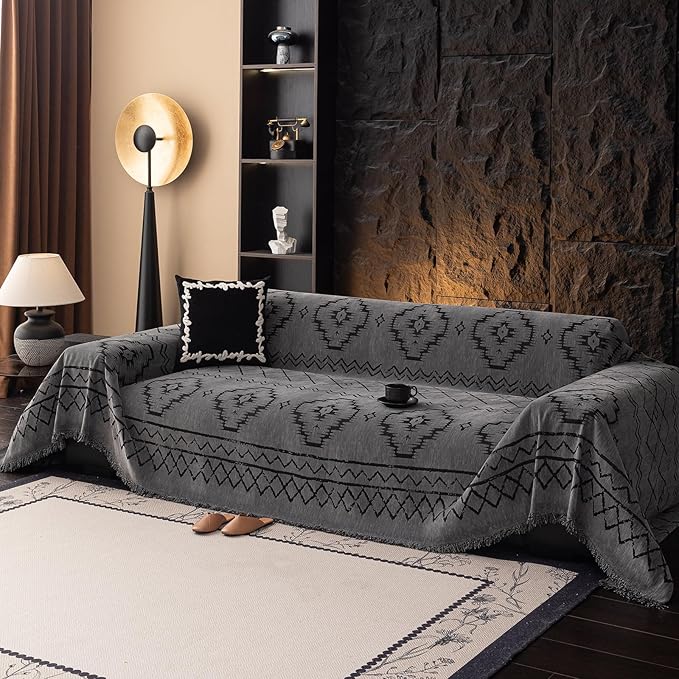 VClife Couch Cover Sofa Cover Washable Sofa Protector, Non Slip Couch Covers for 2 Cushion Couch Sofa Modern Tribal Pattern Sofa Slipcover Dog Furniture Protector, Soft Chenille, Dark Gray, 71"X118"