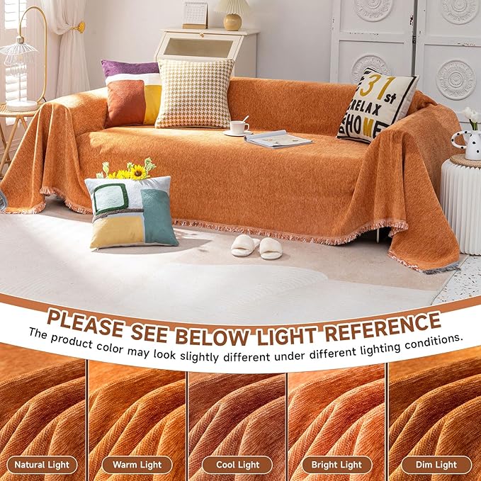 VClife Modern Orange Couch Cover XXL Sofa Cover for Sectional Couch, Soft Kids Couch Covers for 3 Cushion Couch Sofa, Thick Chenille L-Shape Furniture Sofa Covers for Living Room 71"x150"