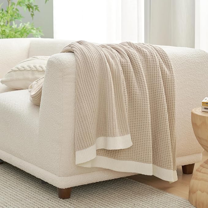 Amélie Home Waffle Throw Blanket for Couch, Soft Cozy Chenille Knit Blanket Warm Decorative Throw for Sofa, 50"x60", Beige