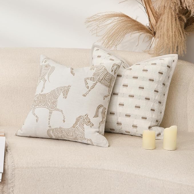 20x20 Throw Pillow Cushion Cover, Beige Horse Chenille Jacquard Embroidered Couch Pillow Covers, Modern Style Decorative Sofa Pillow Covers for Bed Bedroom Living Room