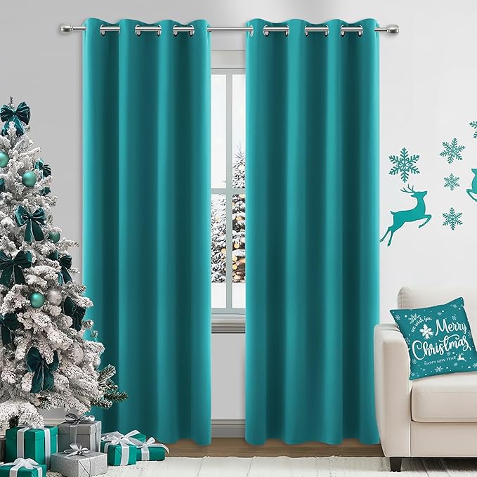 KOUFALL Window Treatments for Winter Decorations,Dark Teal Christmas Decor Thick Blackout Thermal Insulated Heavy Duty Curtain Drapes for Living Room,90 Inch Long,2 Panels Set