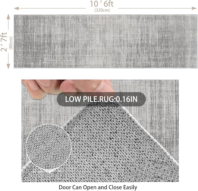 Enkor Runner Rugs for Hallway, 2'7"x10'6" Washable Soft Non Slip Abstract Rugs for Kitchen, Modern Mat for Entryway Living Room Bedroom Light Grey