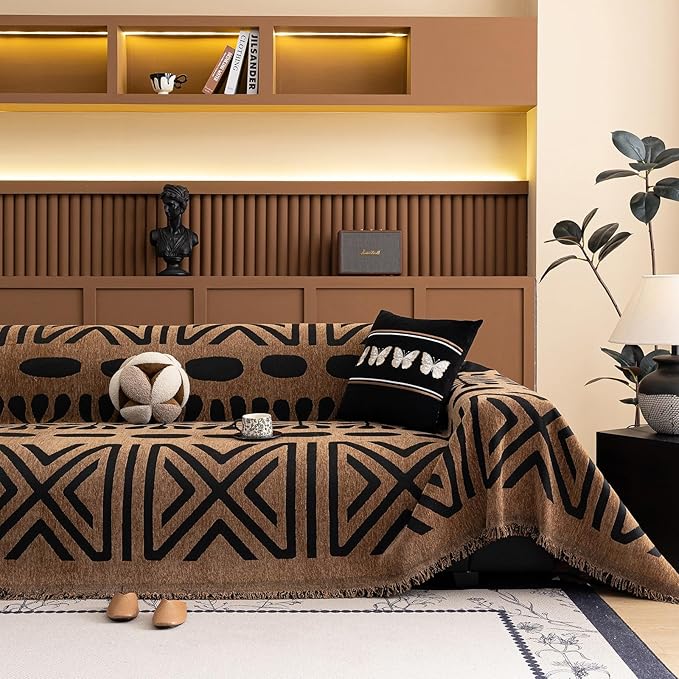 VClife Boho Couch Cover Soft Chenille Sofa Cover for Sofa Bed, 1 Piece Large Couch Covers for 2 Cushion Couch Sofa Washable Brown Black Jacquard Pattern Sofa Protector for Living Room 71''x118''