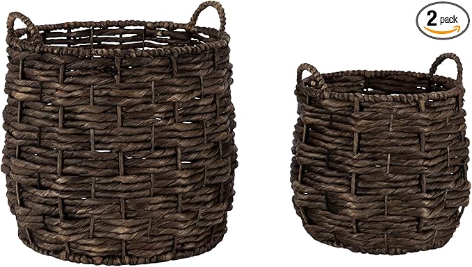 Kate and Laurel Livia Modern Two-Piece Woven Basket Set; 16 x 16 and 13 x 13; Warm Brown Water Hyacinth; Transitional Natural Wicker Baskets for Use as Woven Planters or Living Room Blanket Baskets