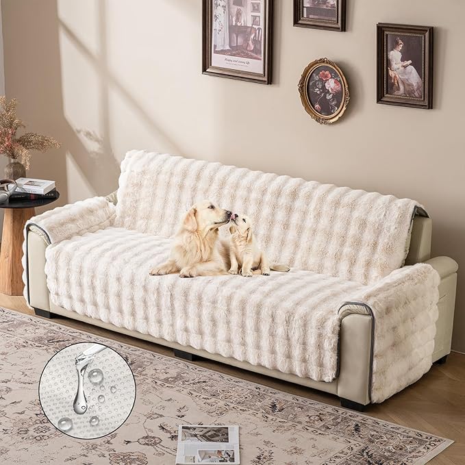 Plush and Fuzzy Shaggy Couch Cover, Dog Pad Faux Fur Sofa Cover, Water Resistant Slipcover, Non-Slip Furniture Protector for Kids,Dogs,Cats.(White-Bubble, X-Large Sofa)