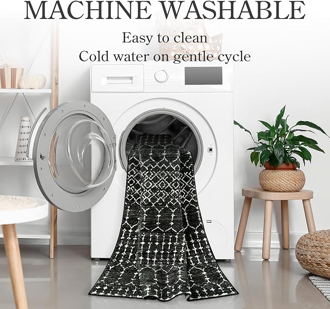 Lahome Moroccan Black Area Rug - Non-Slip Low-Pile Washable Entryway Rug Kitchen Bath Mat 2'x4' Geometric Print Carpet for Hallway Bedroom