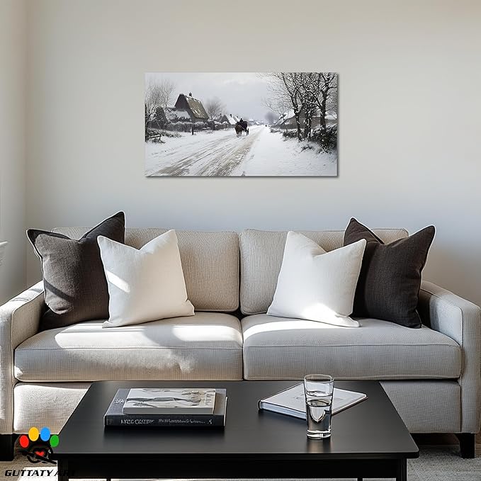 GUTTATY Christmas Winter Scene Canvas Wall Art, Countryside Snow Pictures, Rustic Wall Decor with Horse Carriage, Serene Canvas Painting for Living Room, Bedroom, Holiday Home Decor, 40x20 Inch