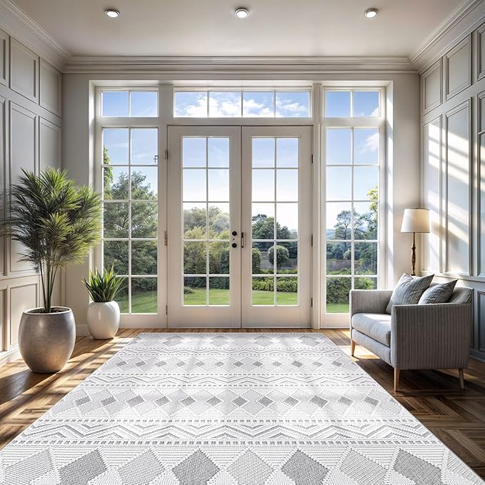 CAMILSON Micro Loop Rug 8x10 Modern Luxury Geometric Boho Diamond Area Rugs Soft High and Low Pile Stain Resistant Easy-Cleaning Non-Shedding for Living Room Office Indoor Carpet (8 x 10 / White-Gray)