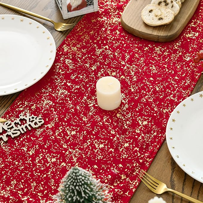 Artoid Mode Red Dutch Fleece Table Runner, Glitter Metallic Foil Holiday Kitchen Dining Table Decoration for Home Party Decor 13x72 Inch