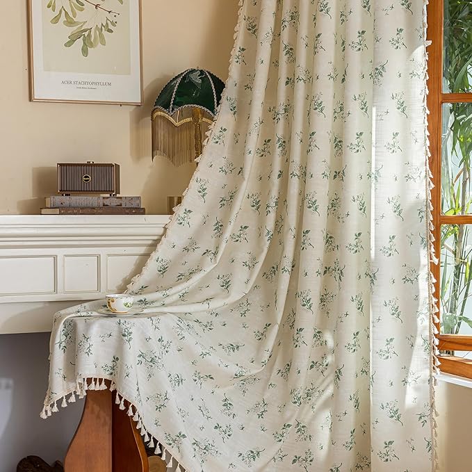 OYX Sage Green Spring Floral Curtains 63 Inch Length 2panels for Living Room, French Country Vintage Light Filtering Patterned Aesthetic Drapes for Bedroom, Rod Pocket Decor Window Treatment Curtains