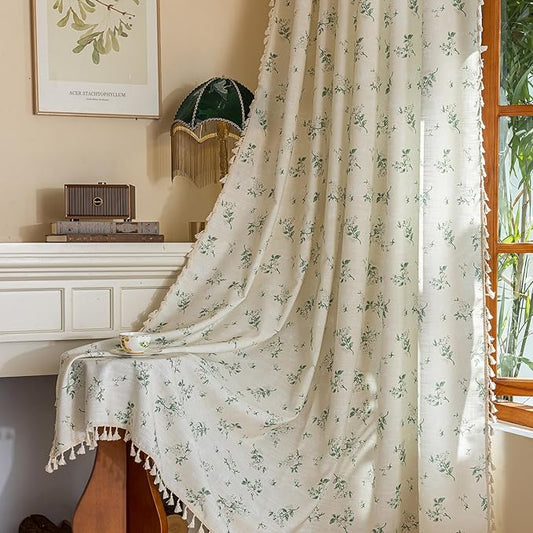 OYX Sage Green Spring Floral Curtains 84 Inch Length 2panels for Living Room, French Country Vintage Light Filtering Patterned Aesthetic Drapes for Bedroom, Rod Pocket Decor Window Treatment Curtains