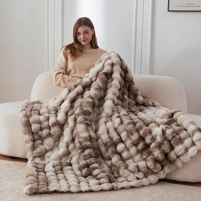 COOVA Faux Fur Throw Blanket for Couch, Cozy Soft and Fuzzy Plush Rabbit Fur Bubble Blanket for Sofa Bedroom Living Room, 50x60 Inches Tie Dye Brown