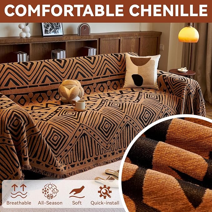VClife Boho Couch Covers Washable Sofa Cover for Sofa, Luxury Sectional Couch Cover Chenille for 2 Cushion Couch, Anti Slip Pet Sofa Slipcover Dog Couch Cover Throw, Black Pumpkin Geometry, 71"x118"