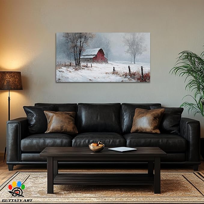 GUTTATY Christmas Winter Scene Canvas Wall Art, Red Barn Farmhouse Snowy Wall Painting, Rustic Poster Artwork, Cozy Seasonal Wall Decor Pictures for Living Room, Bedroom, Office, 24x12 Inch