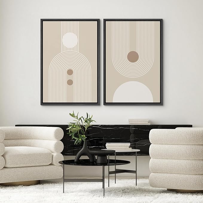 SIGNWIN Framed Canvas Print Wall Art Set Retro Nordic Geometric Pattern Abstract Shapes Cozy Neutral Modern Art Decorative Nordic Multicolor for Living Room, Bedroom, Office - 24"x36"x2 Black